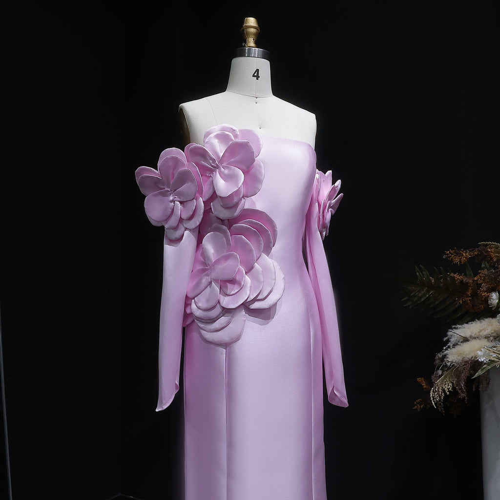 Luxury Pink 3D Floral Strapless Evening Dress with Split Tail SF394