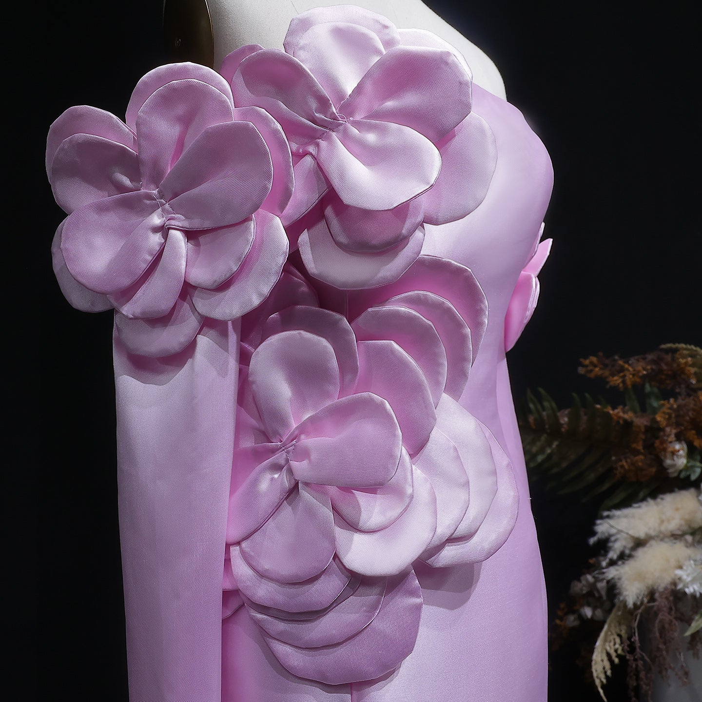 Luxury Pink 3D Floral Strapless Evening Dress with Split Tail SF394