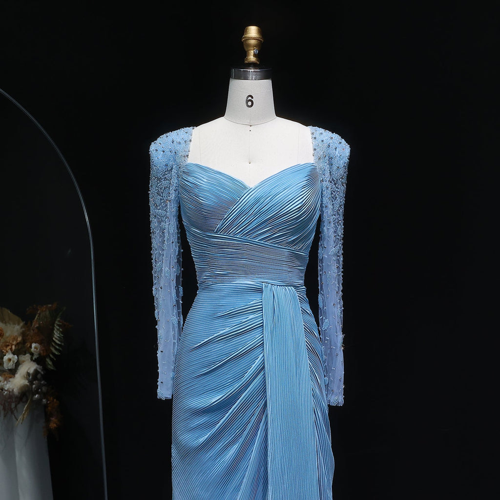 Luxury Crystal Long Sleeves Evening Dress with Overskirt and Slit SF409