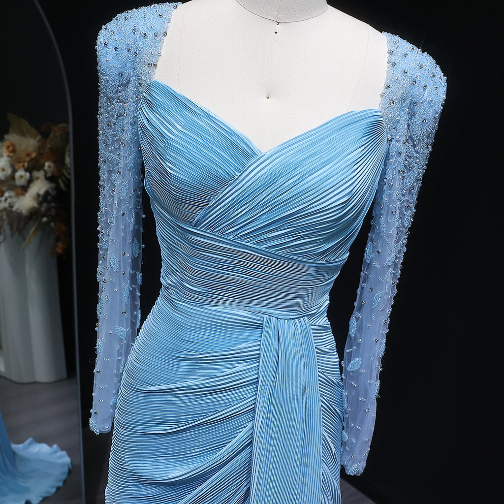 Luxury Crystal Long Sleeves Evening Dress with Overskirt and Slit SF409