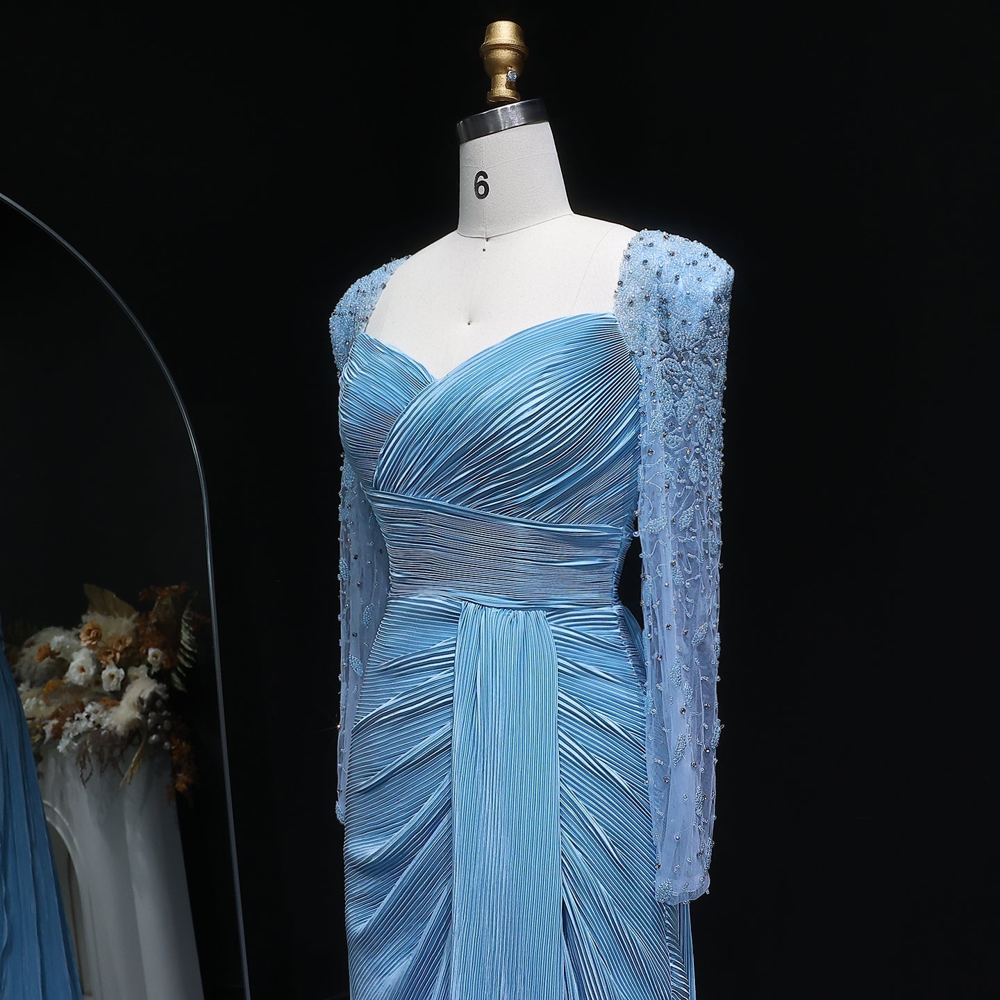 Luxury Crystal Long Sleeves Evening Dress with Overskirt and Slit SF409