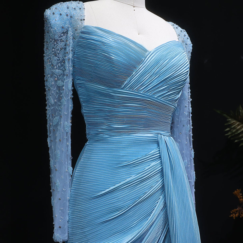 Luxury Crystal Long Sleeves Evening Dress with Overskirt and Slit SF409