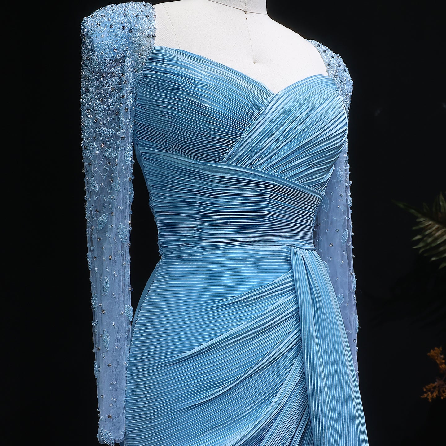 Luxury Crystal Long Sleeves Evening Dress with Overskirt and Slit SF409