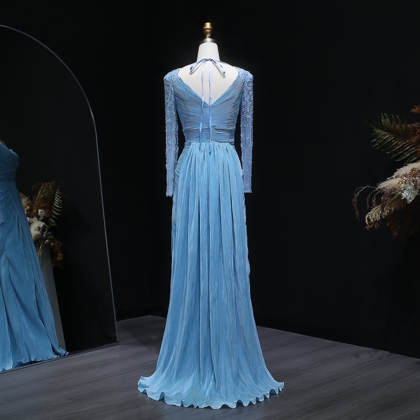 Luxury Crystal Long Sleeves Evening Dress with Overskirt and Slit SF409