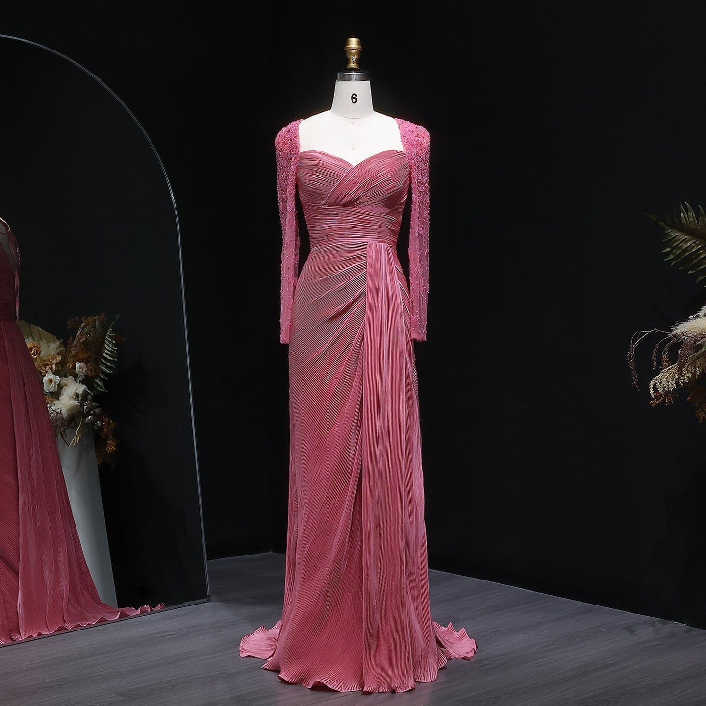 Luxury Crystal Long Sleeves Evening Dress with Overskirt and Slit SF409