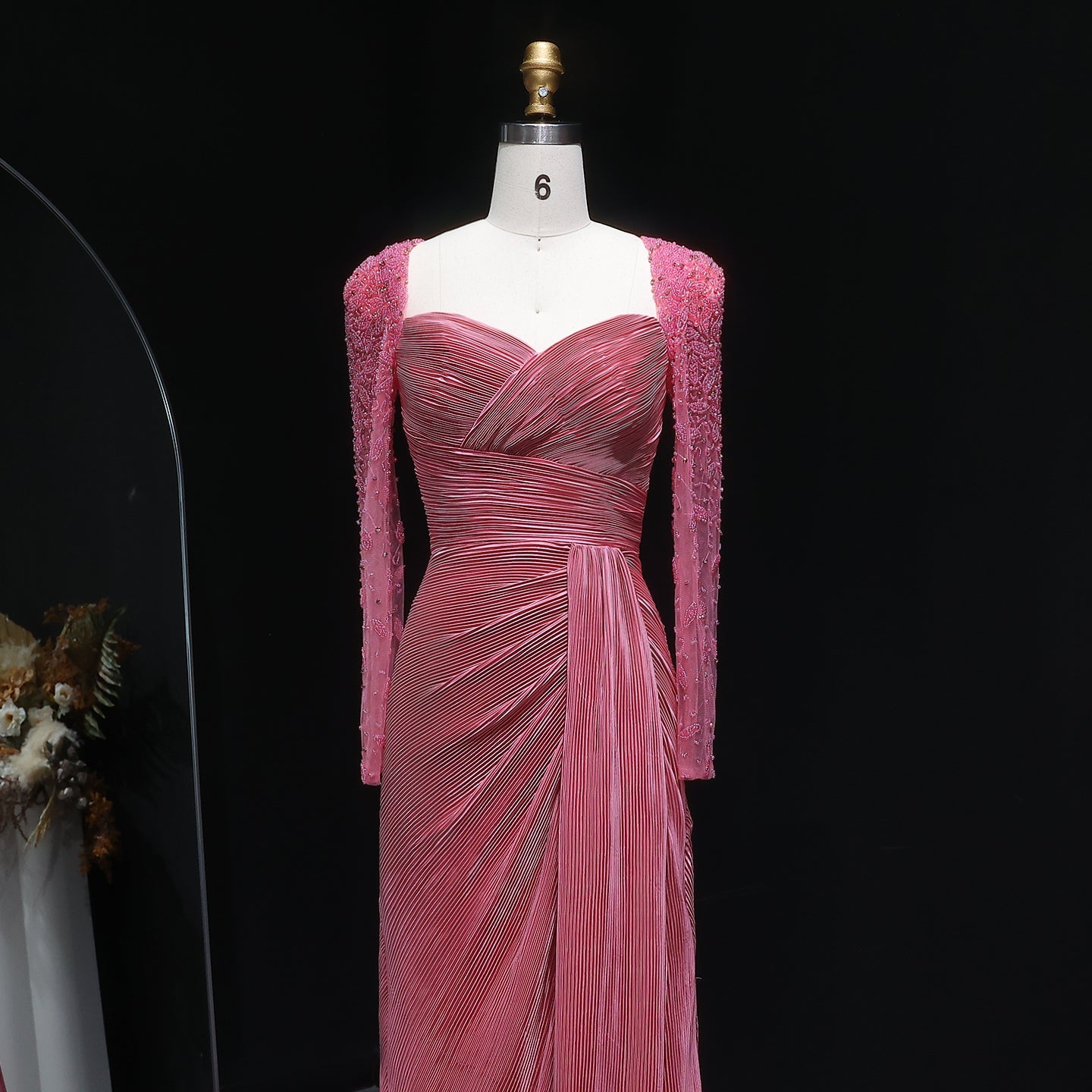 Luxury Crystal Long Sleeves Evening Dress with Overskirt and Slit SF409