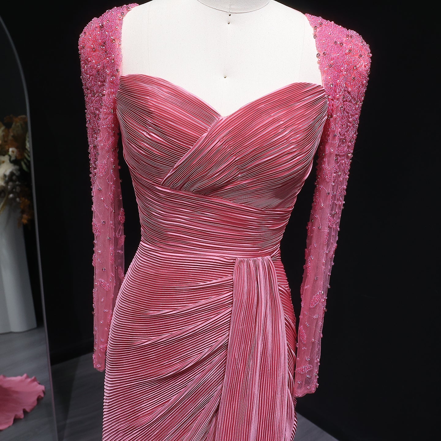 Luxury Crystal Long Sleeves Evening Dress with Overskirt and Slit SF409