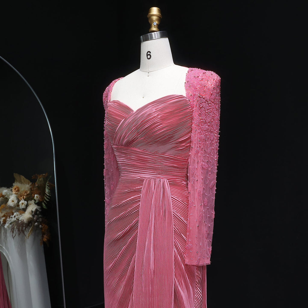 Luxury Crystal Long Sleeves Evening Dress with Overskirt and Slit SF409