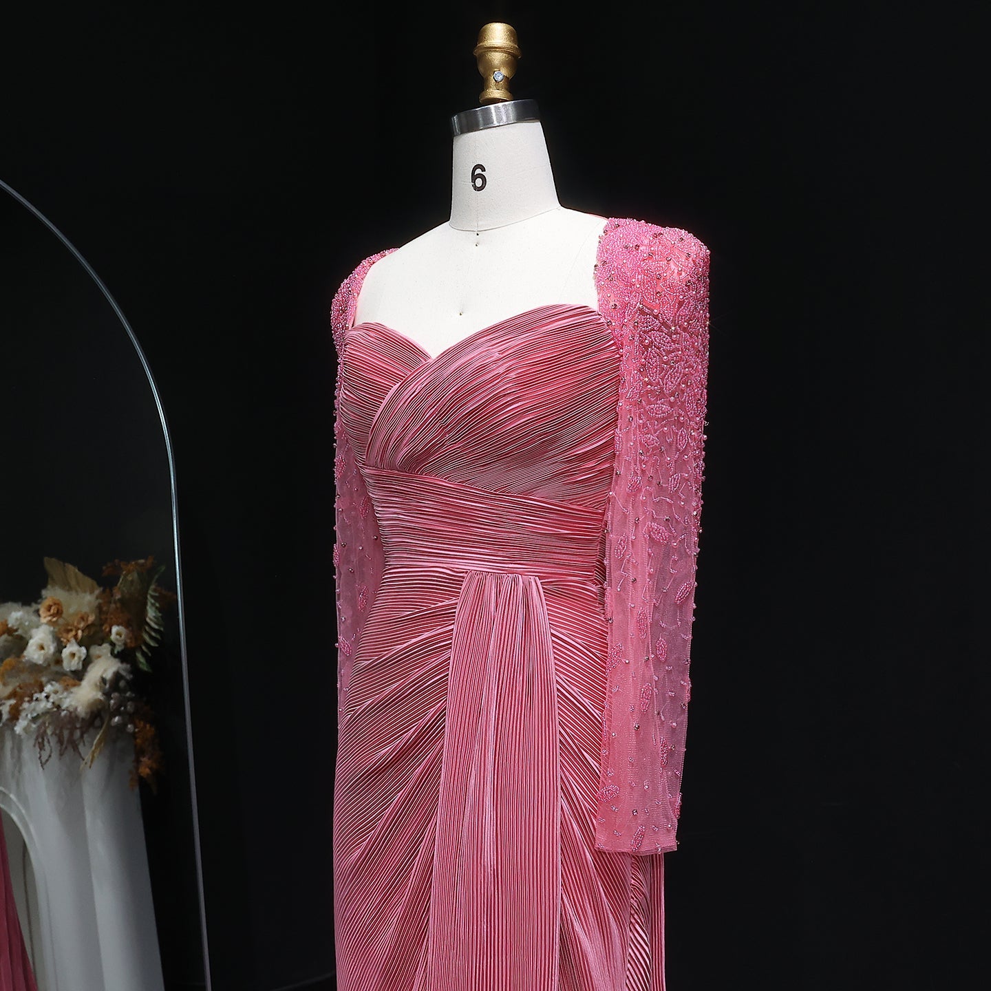 Luxury Crystal Long Sleeves Evening Dress with Overskirt and Slit SF409