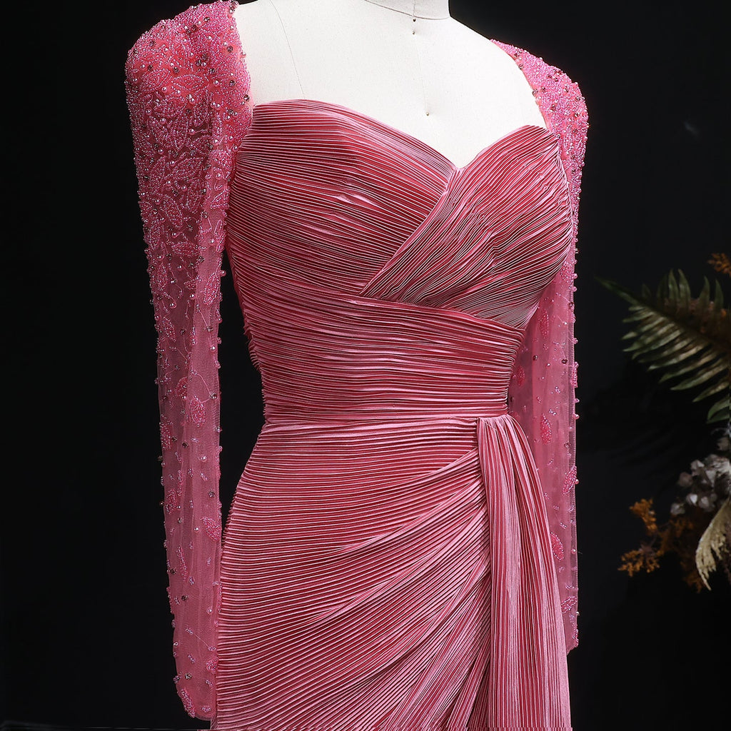 Luxury Crystal Long Sleeves Evening Dress with Overskirt and Slit SF409