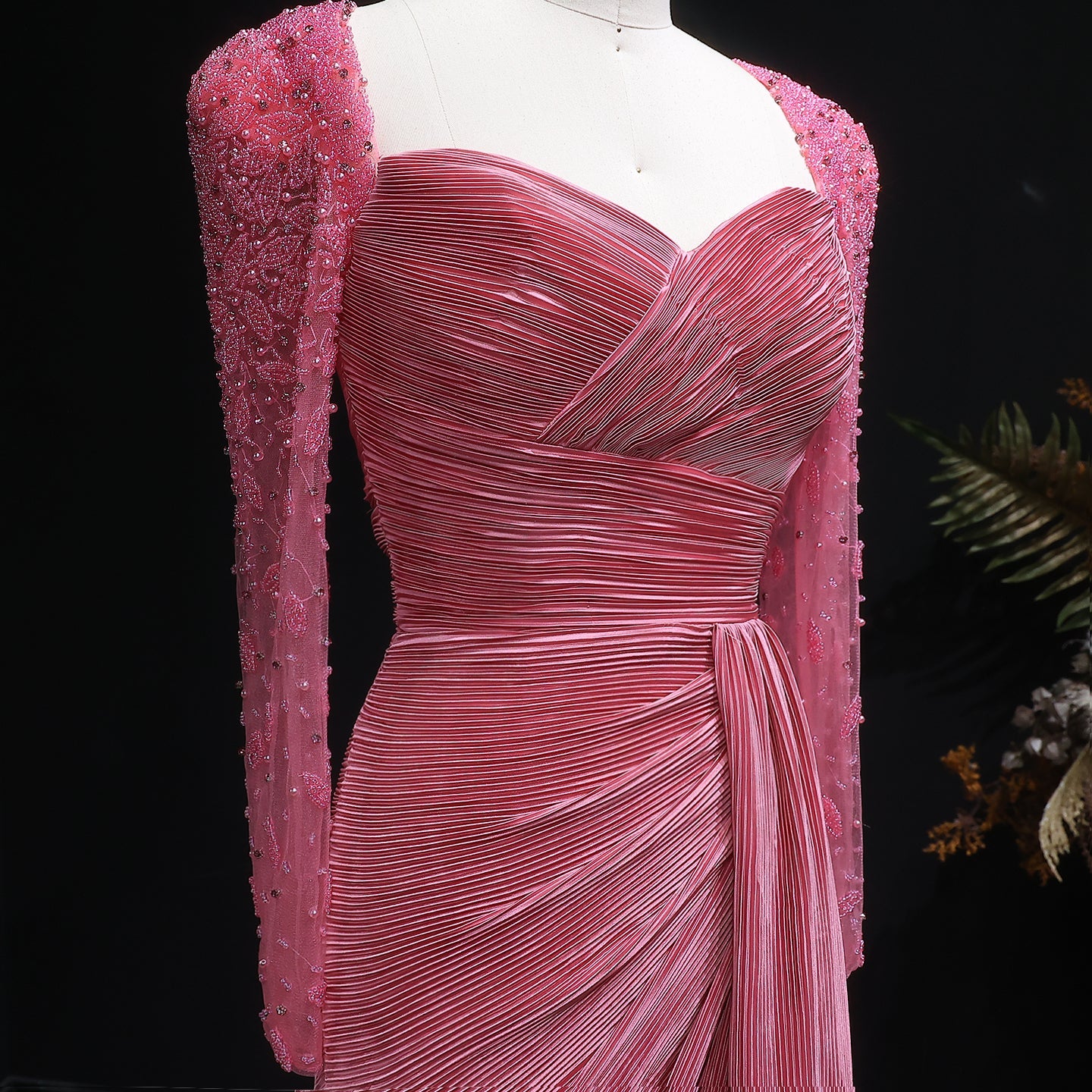Luxury Crystal Long Sleeves Evening Dress with Overskirt and Slit SF409