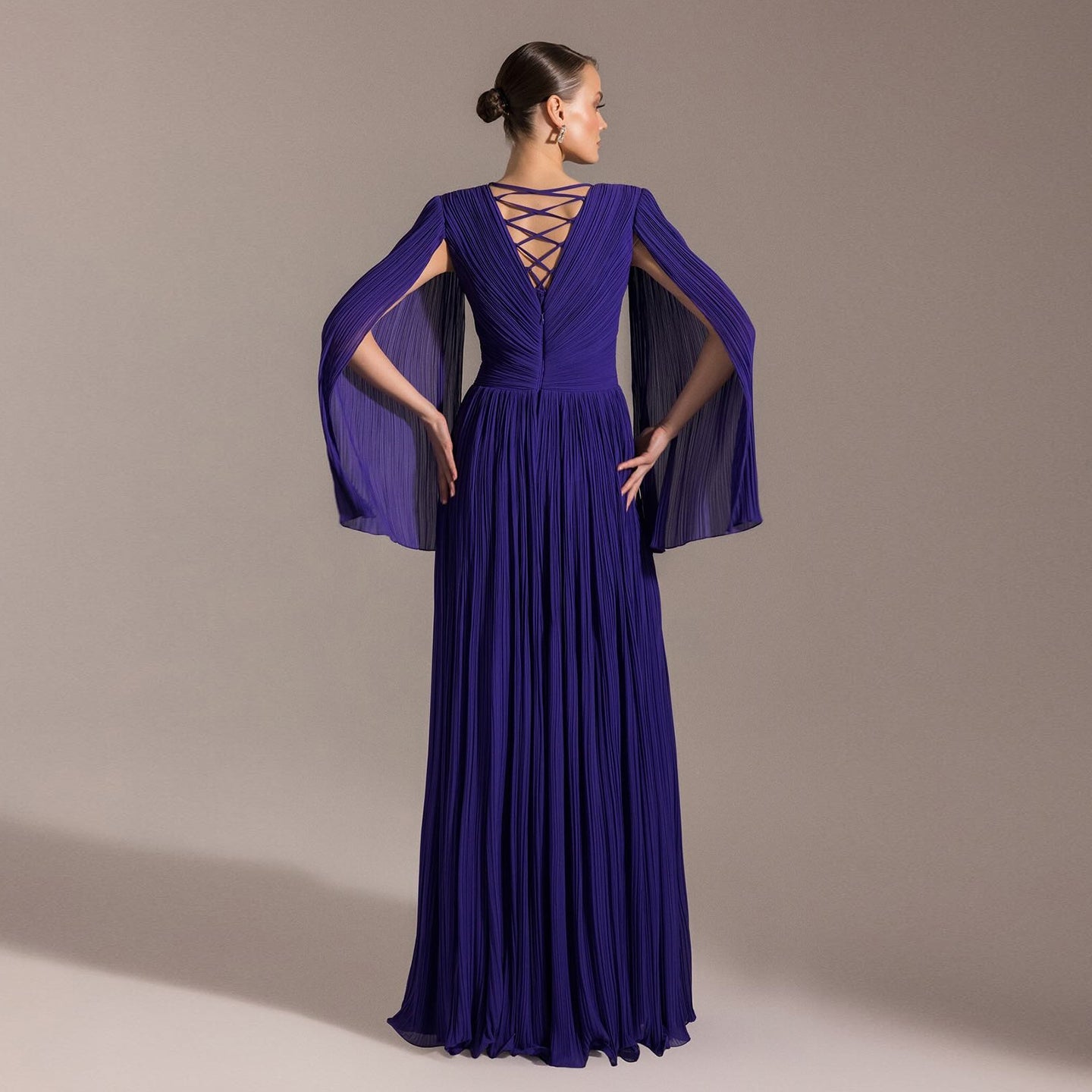 Elegant Ruffles Purple Evening Dress with Cape Sleeves SF412