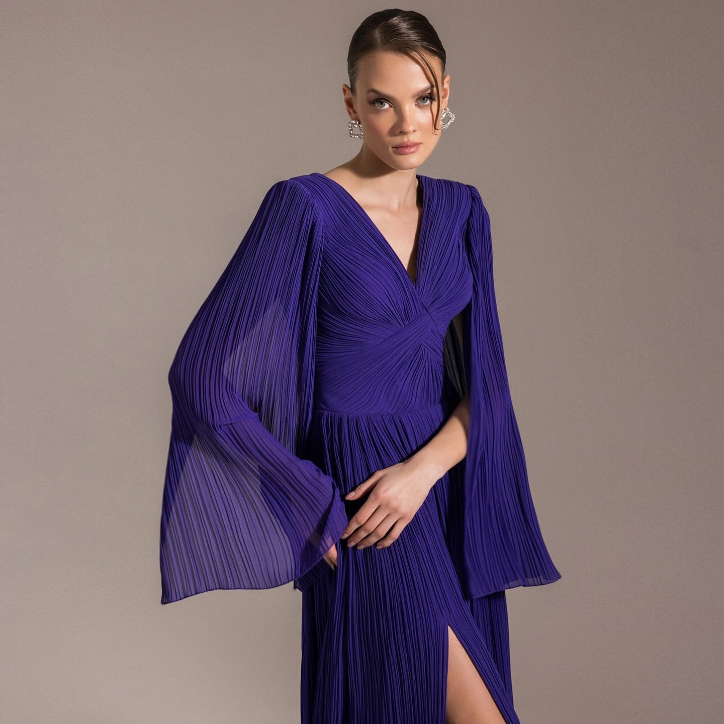 Elegant Ruffles Purple Evening Dress with Cape Sleeves SF412
