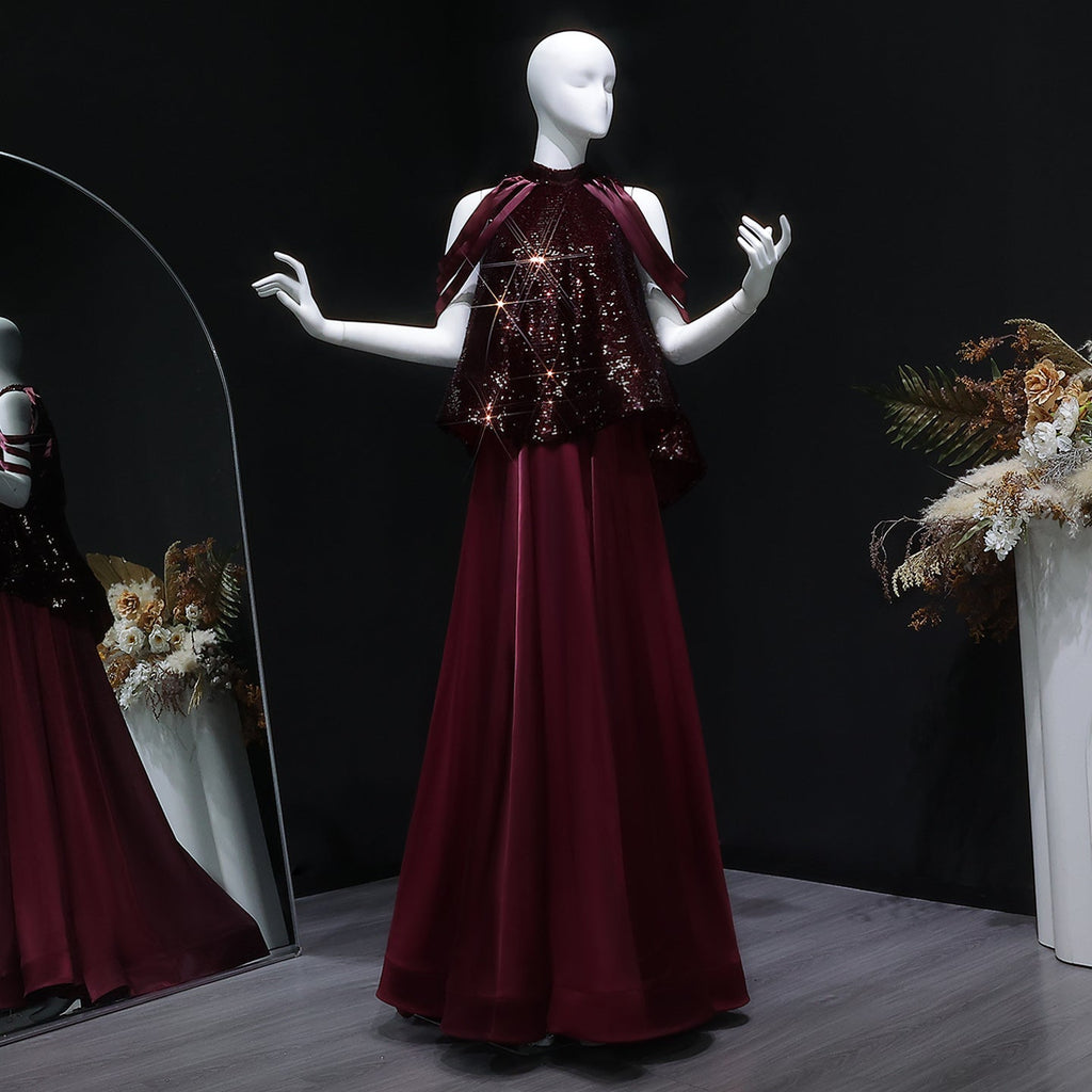 Luxury Burgundy Sequin 2 Piece Cape Design Formal Evening Dress SF418