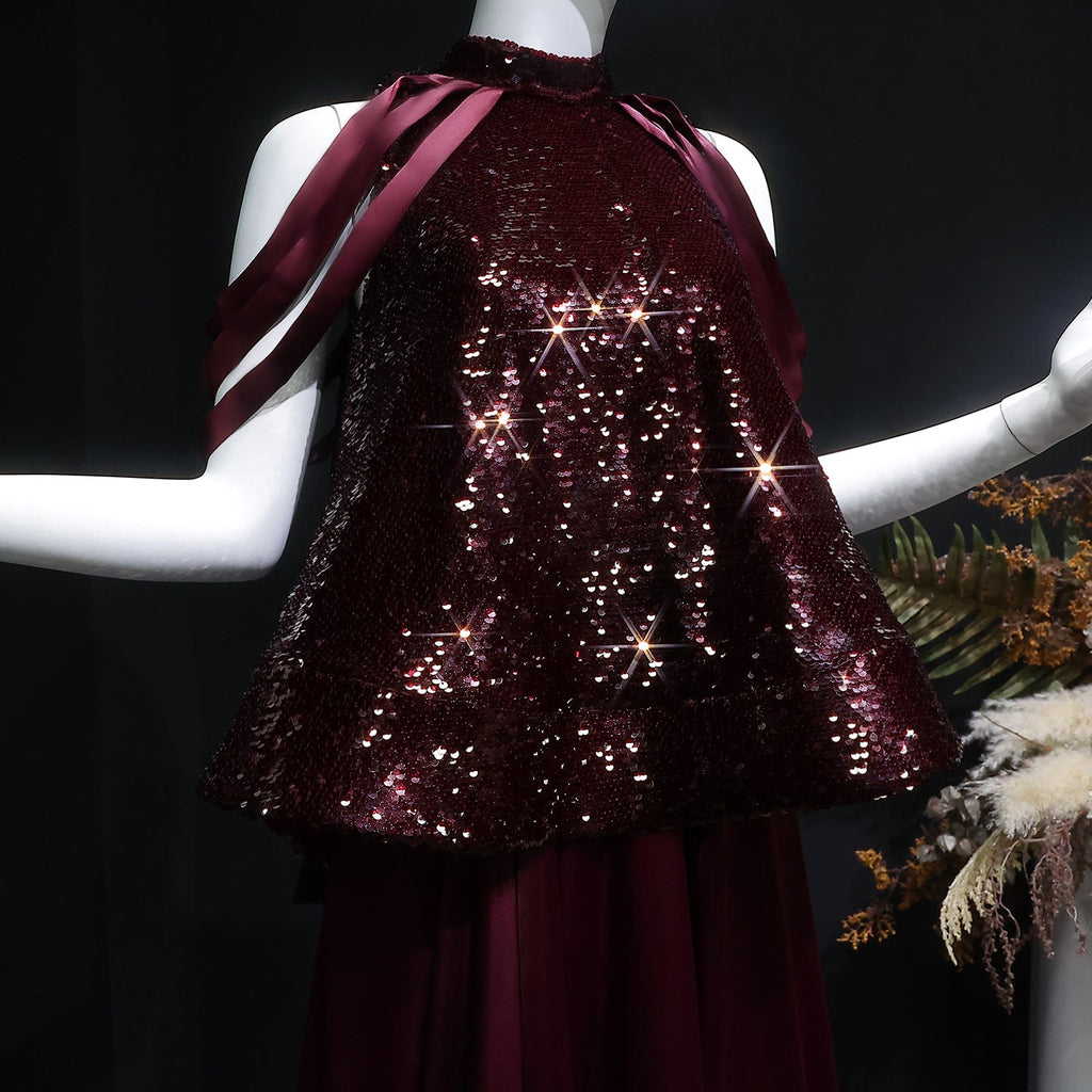 Luxury Burgundy Sequin 2 Piece Cape Design Formal Evening Dress SF418