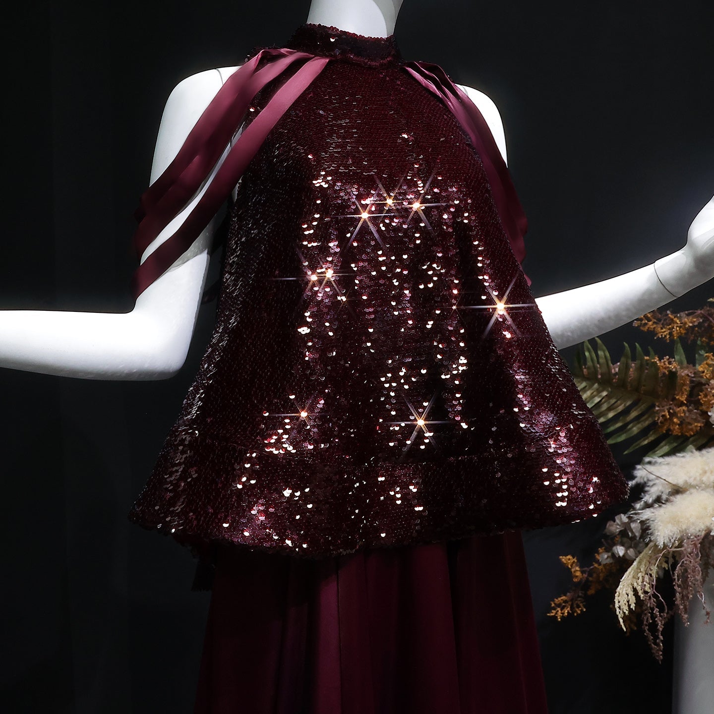 Luxury Burgundy Sequin 2 Piece Cape Design Formal Evening Dress SF418