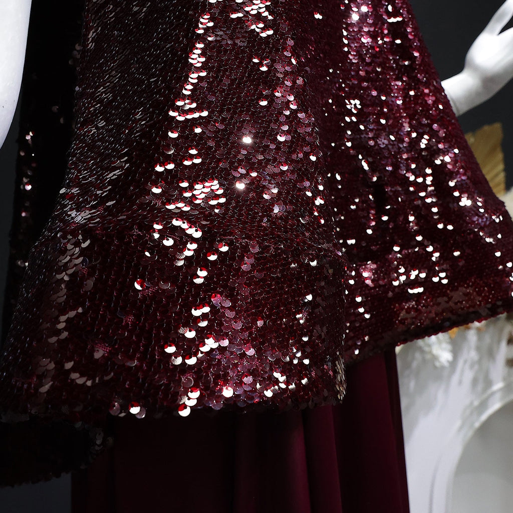 Luxury Burgundy Sequin 2 Piece Cape Design Formal Evening Dress SF418