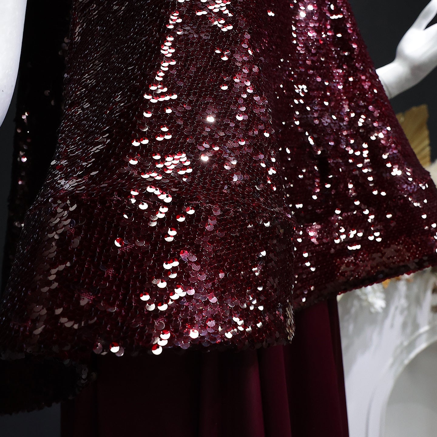 Luxury Burgundy Sequin 2 Piece Cape Design Formal Evening Dress SF418