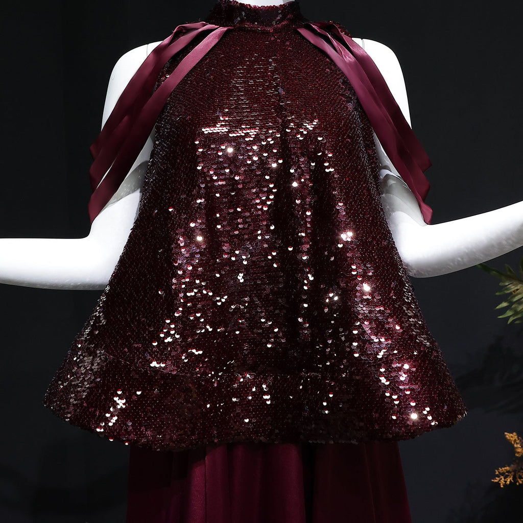 Luxury Burgundy Sequin 2 Piece Cape Design Formal Evening Dress SF418