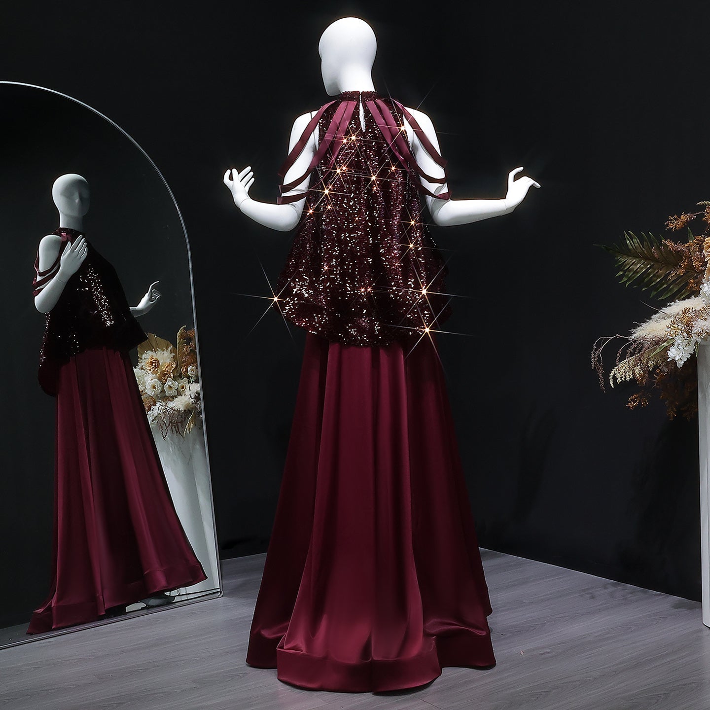 Luxury Burgundy Sequin 2 Piece Cape Design Formal Evening Dress SF418