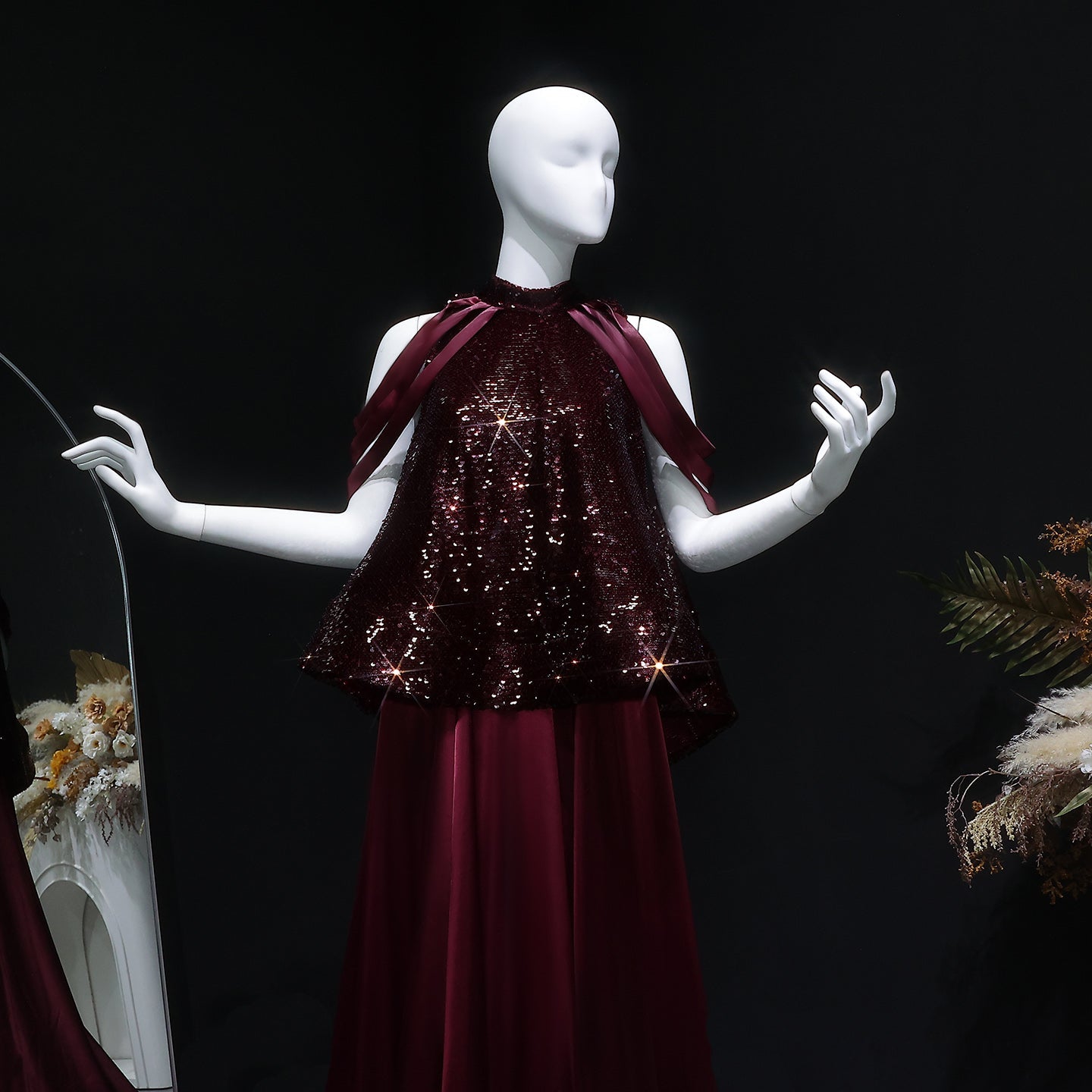 Luxury Burgundy Sequin 2 Piece Cape Design Formal Evening Dress SF418