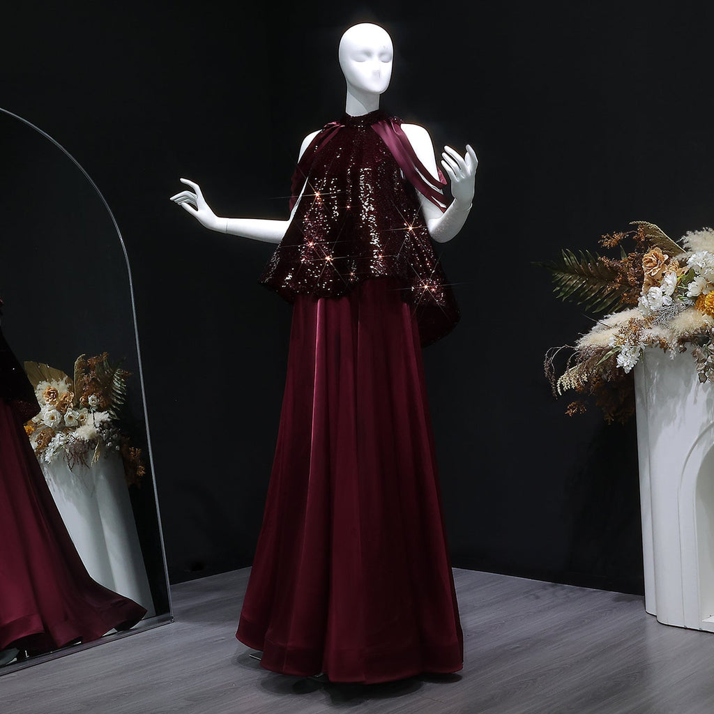 Luxury Burgundy Sequin 2 Piece Cape Design Formal Evening Dress SF418
