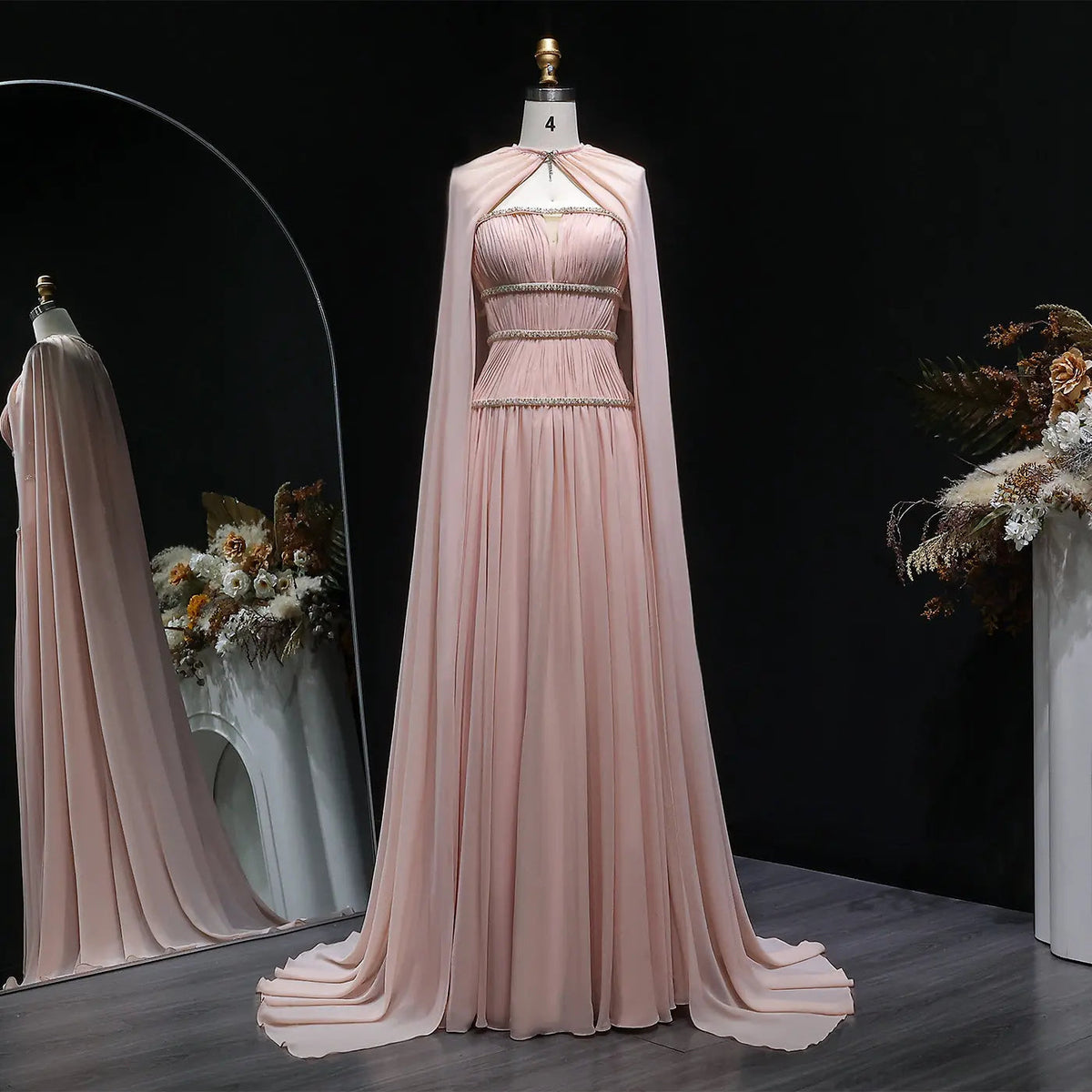 Glamorous Pink Chiffon Cape Evening Dress with Beaded Waist SF420