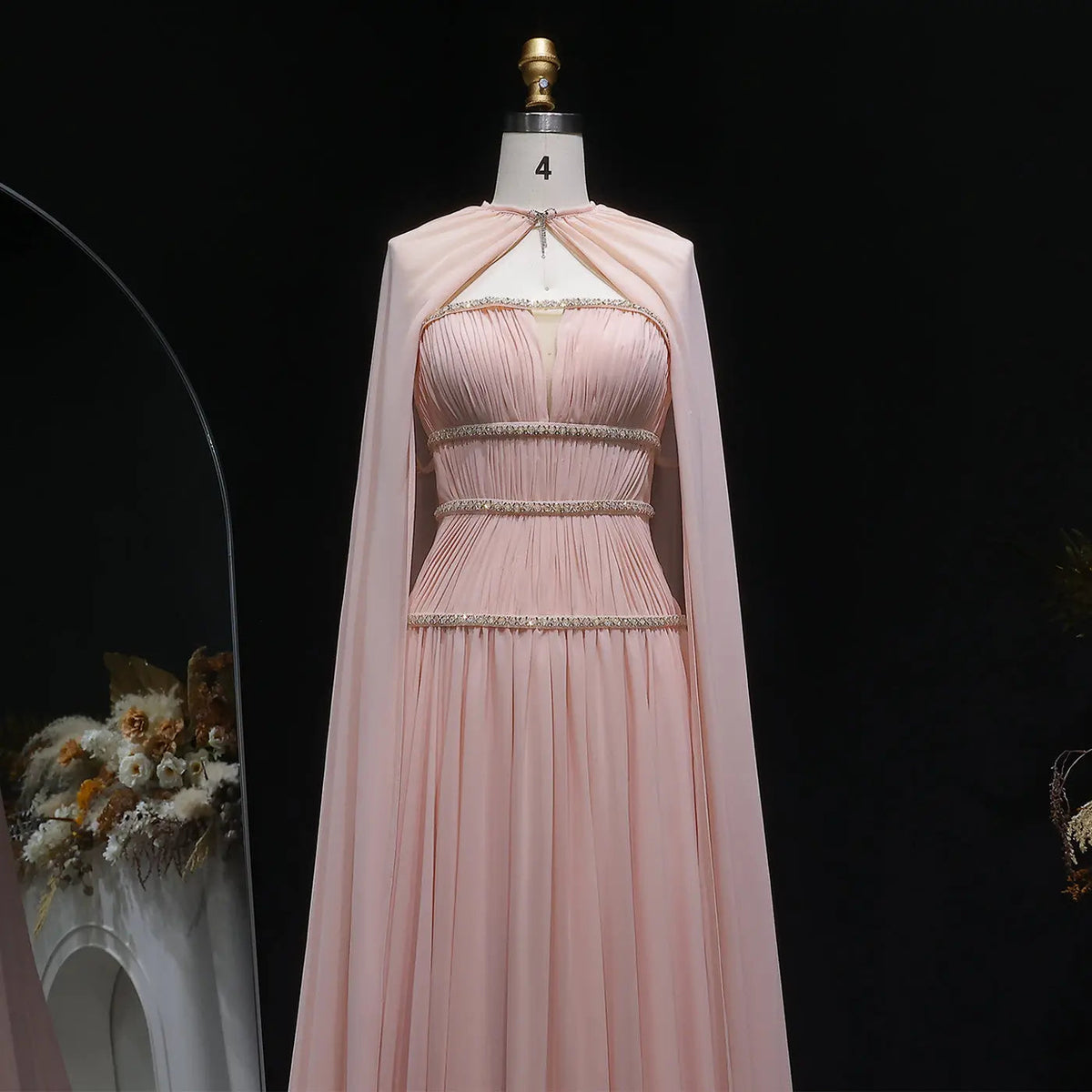 Glamorous Pink Chiffon Cape Evening Dress with Beaded Waist SF420
