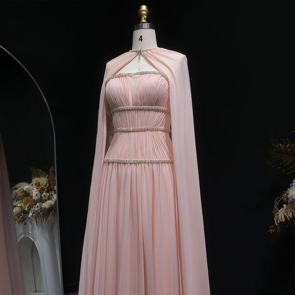 Luxury Pink Crystal Strapless Pleated Evening Dress with Cap SF420