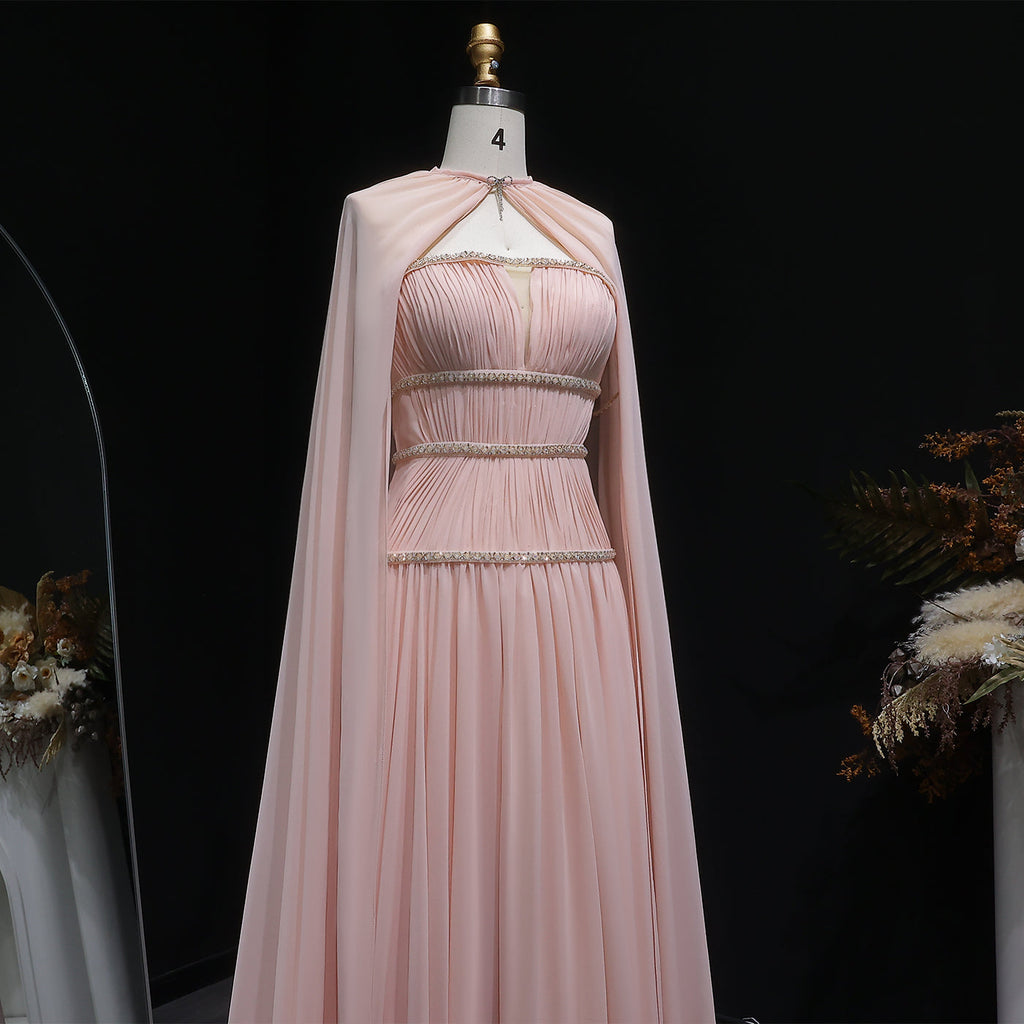 Luxury Pink Crystal Strapless Pleated Evening Dress with Cap SF420