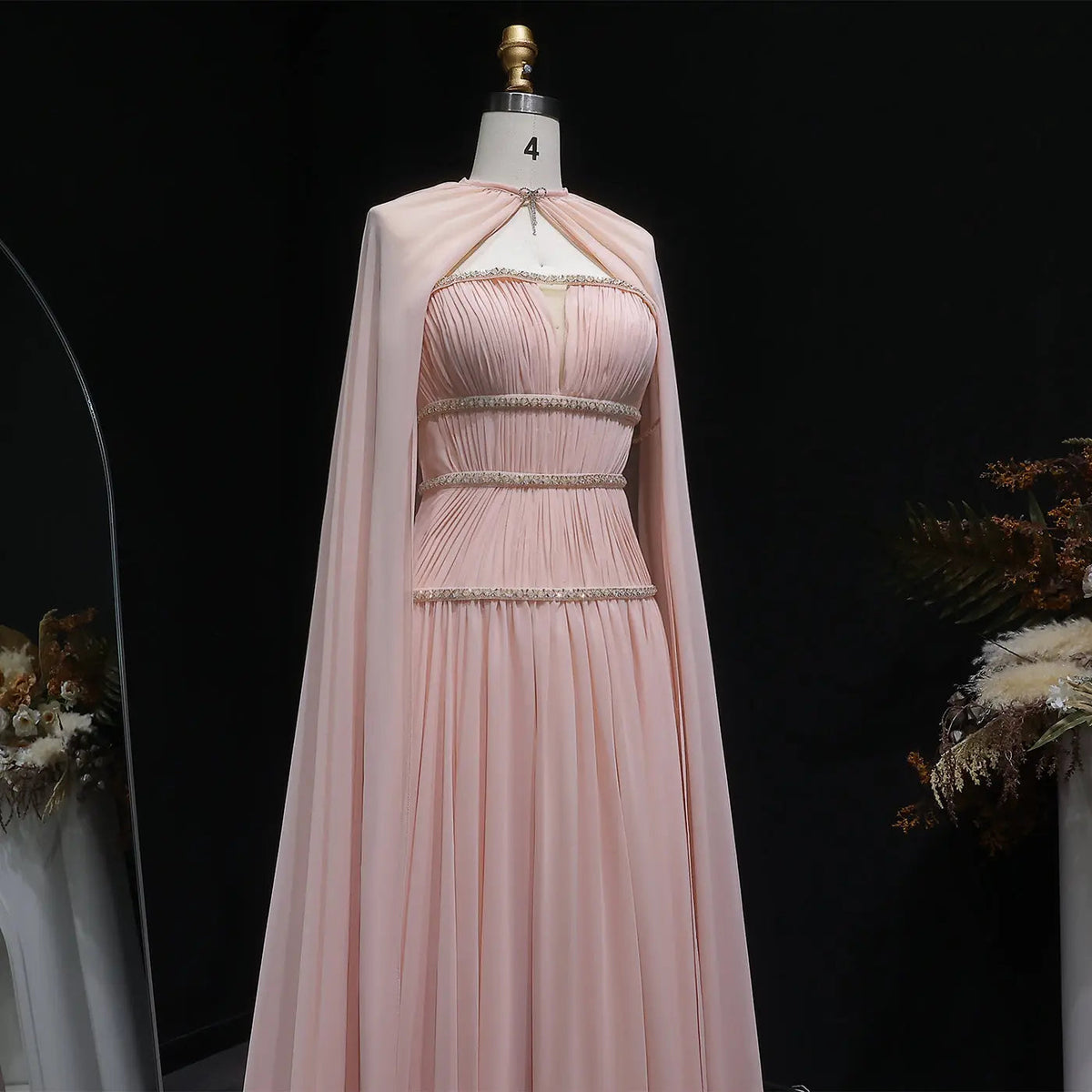 Glamorous Pink Chiffon Cape Evening Dress with Beaded Waist SF420