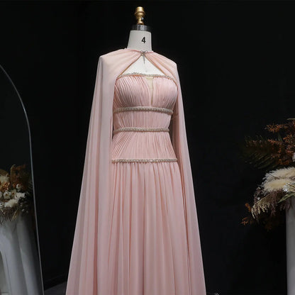 Glamorous Pink Chiffon Cape Evening Dress with Beaded Waist SF420