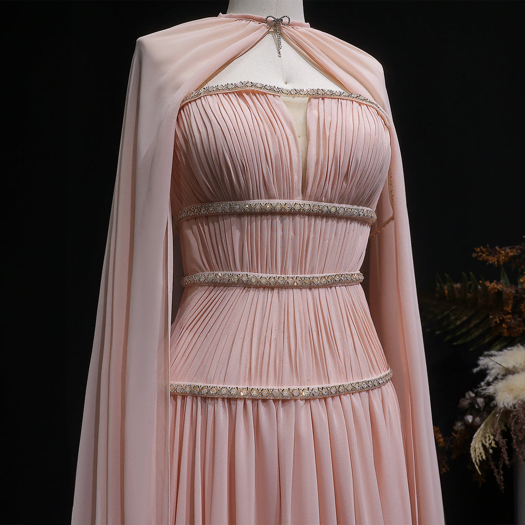 Luxury Pink Crystal Strapless Pleated Evening Dress with Cap SF420