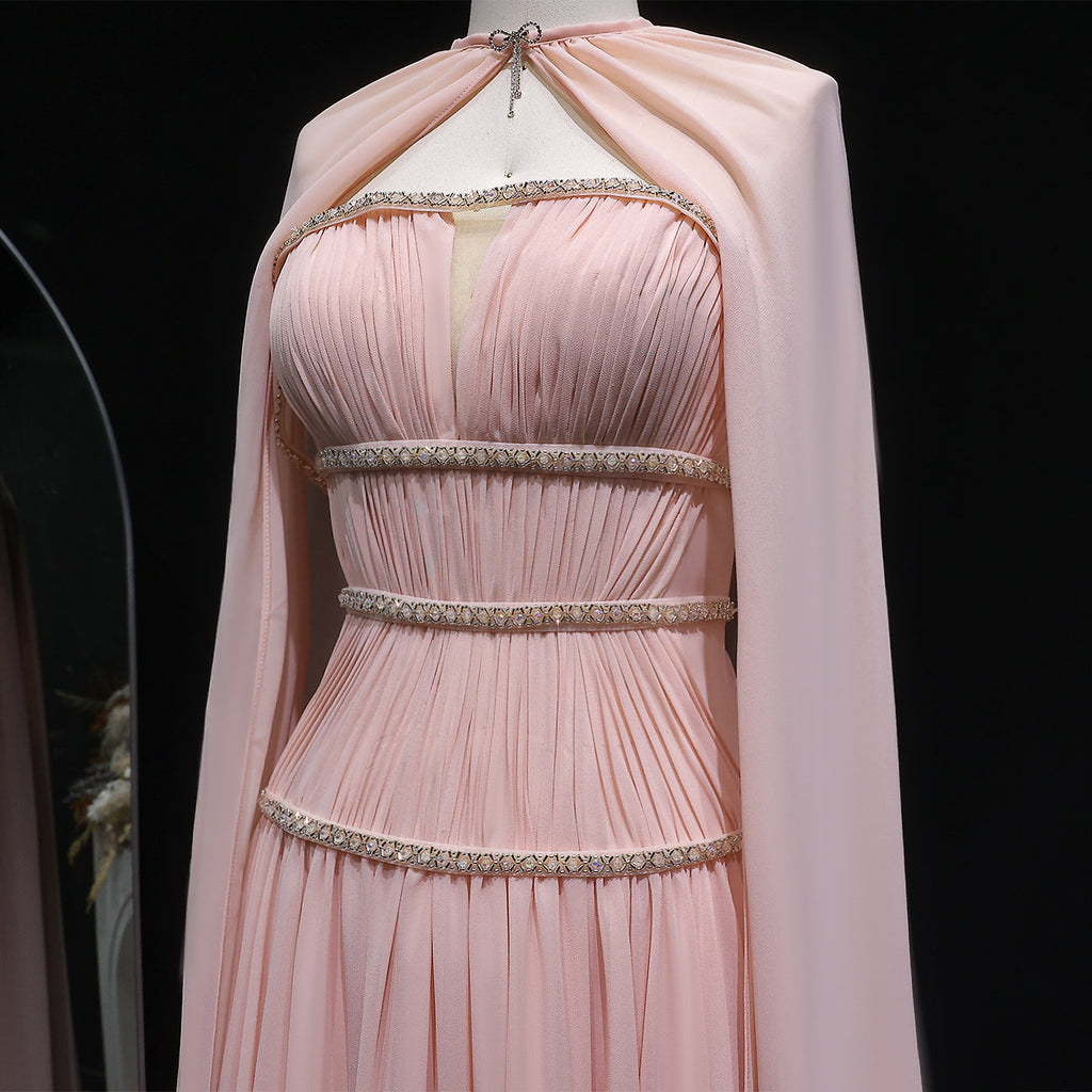 Luxury Pink Crystal Strapless Pleated Evening Dress with Cap SF420