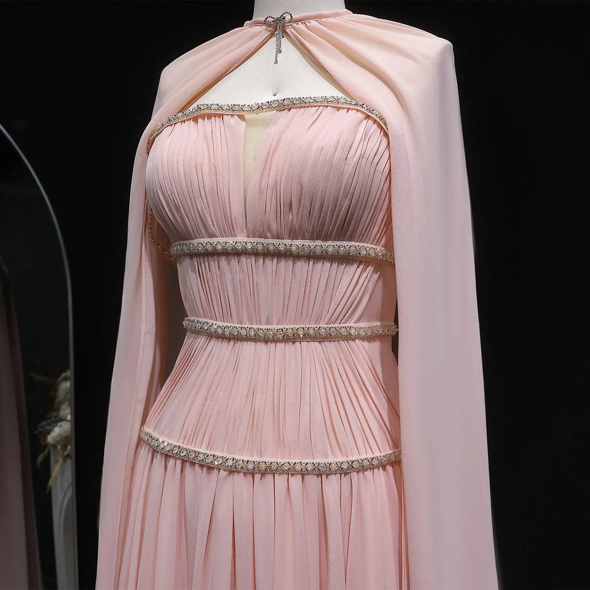 Glamorous Pink Chiffon Cape Evening Dress with Beaded Waist SF420
