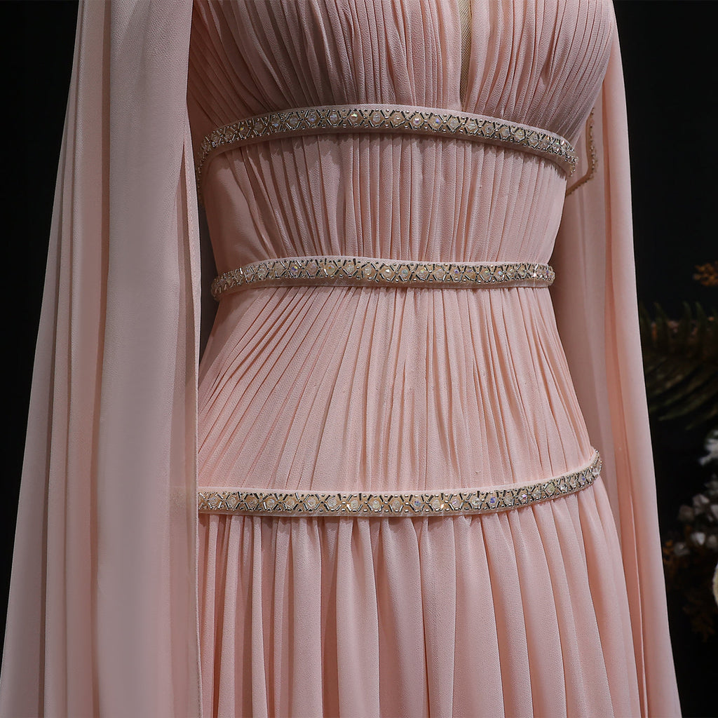 Luxury Pink Crystal Strapless Pleated Evening Dress with Cap SF420
