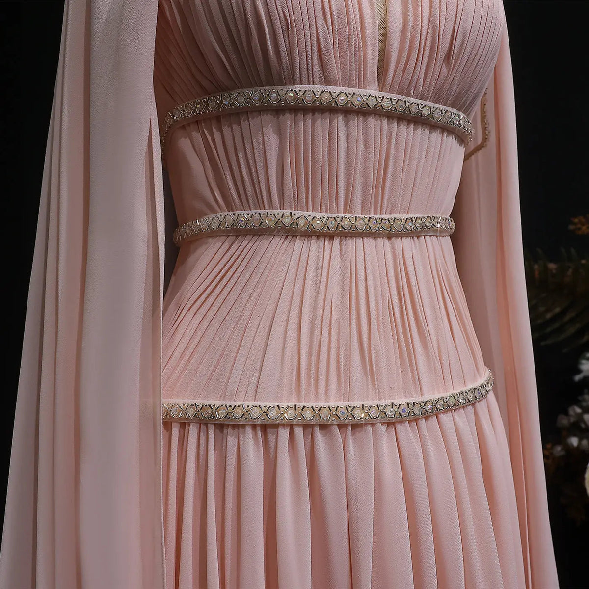 Glamorous Pink Chiffon Cape Evening Dress with Beaded Waist SF420