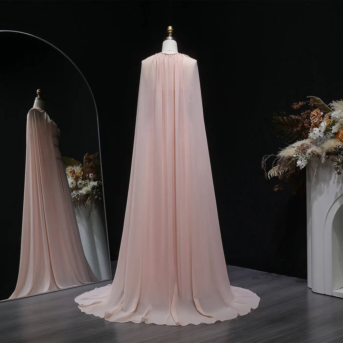 Glamorous Pink Chiffon Cape Evening Dress with Beaded Waist SF420