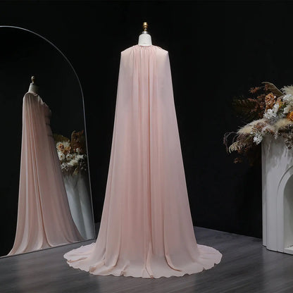 Glamorous Pink Chiffon Cape Evening Dress with Beaded Waist SF420
