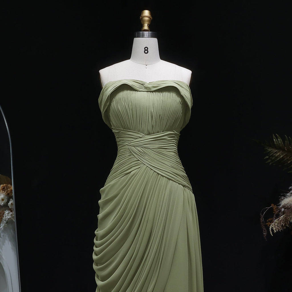 Luxury Green Off-the-Shoulder Ruched Fitted Evening Dress with Cap SF423