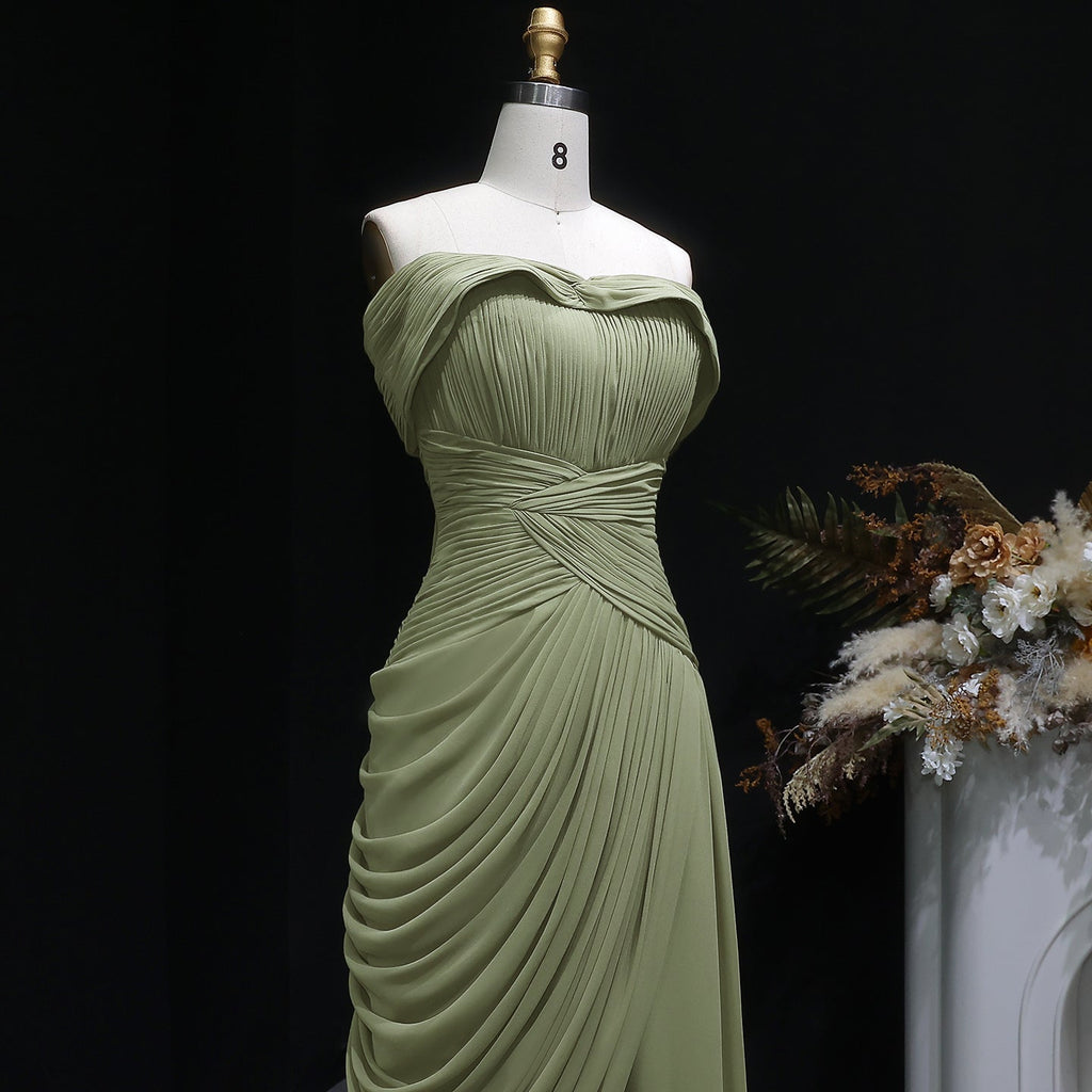 Luxury Green Off-the-Shoulder Ruched Fitted Evening Dress with Cap SF423