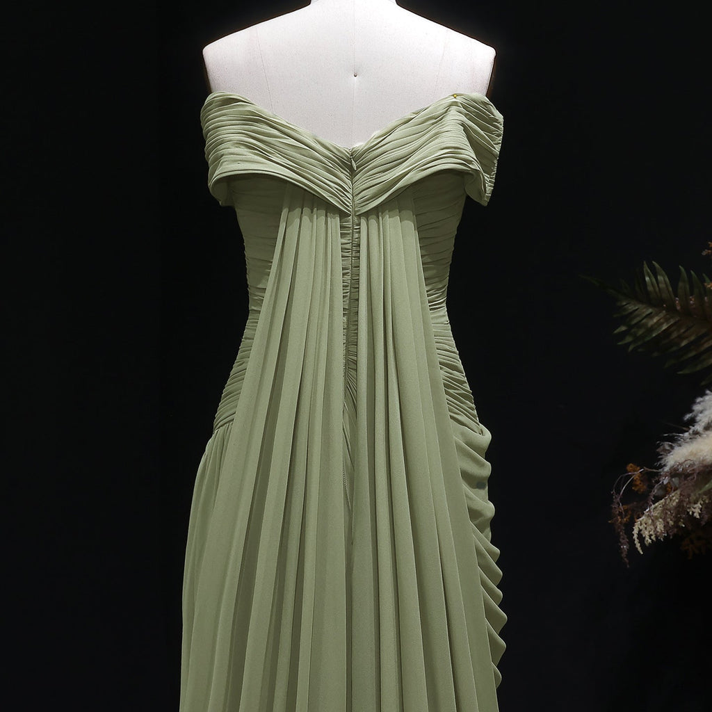 Luxury Green Off-the-Shoulder Ruched Fitted Evening Dress with Cap SF423