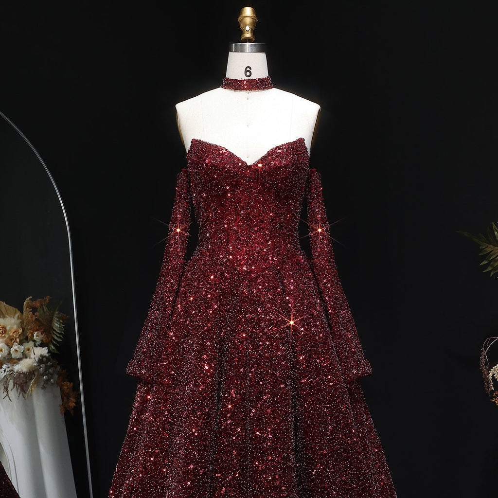 Stunning Burgundy Strapless Sequin Evening Dress with Gloves SF437
