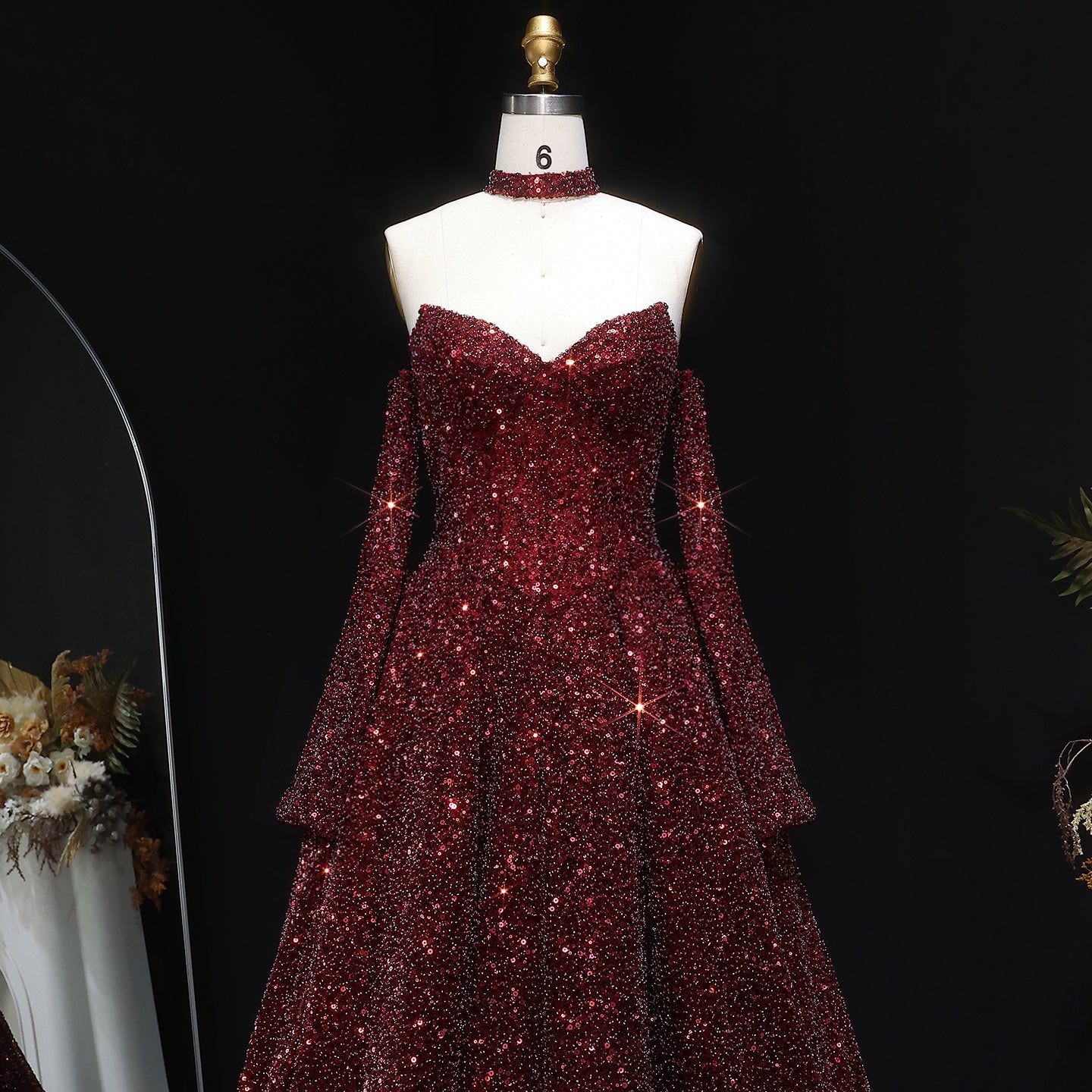 Stunning Burgundy Strapless Sequin Evening Dress with Gloves SF437