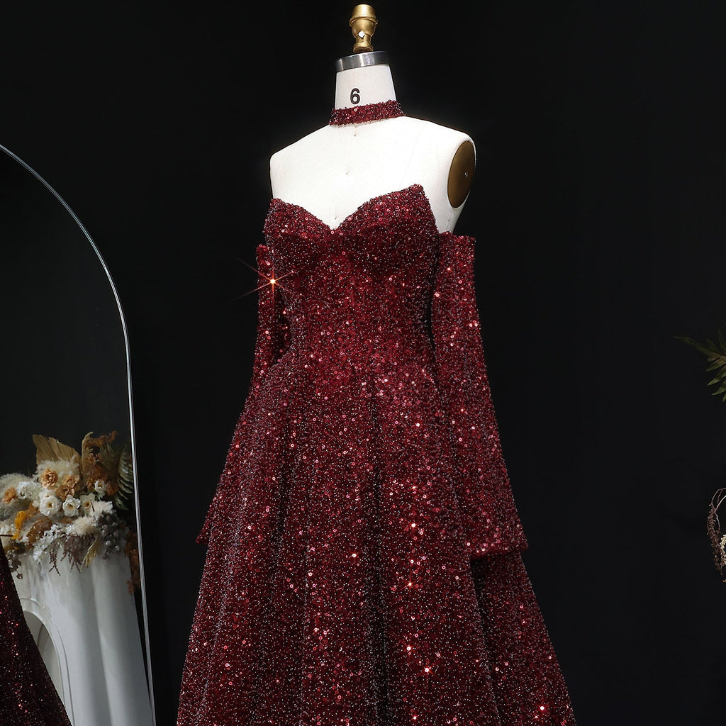 Stunning Burgundy Strapless Sequin Evening Dress with Gloves SF437