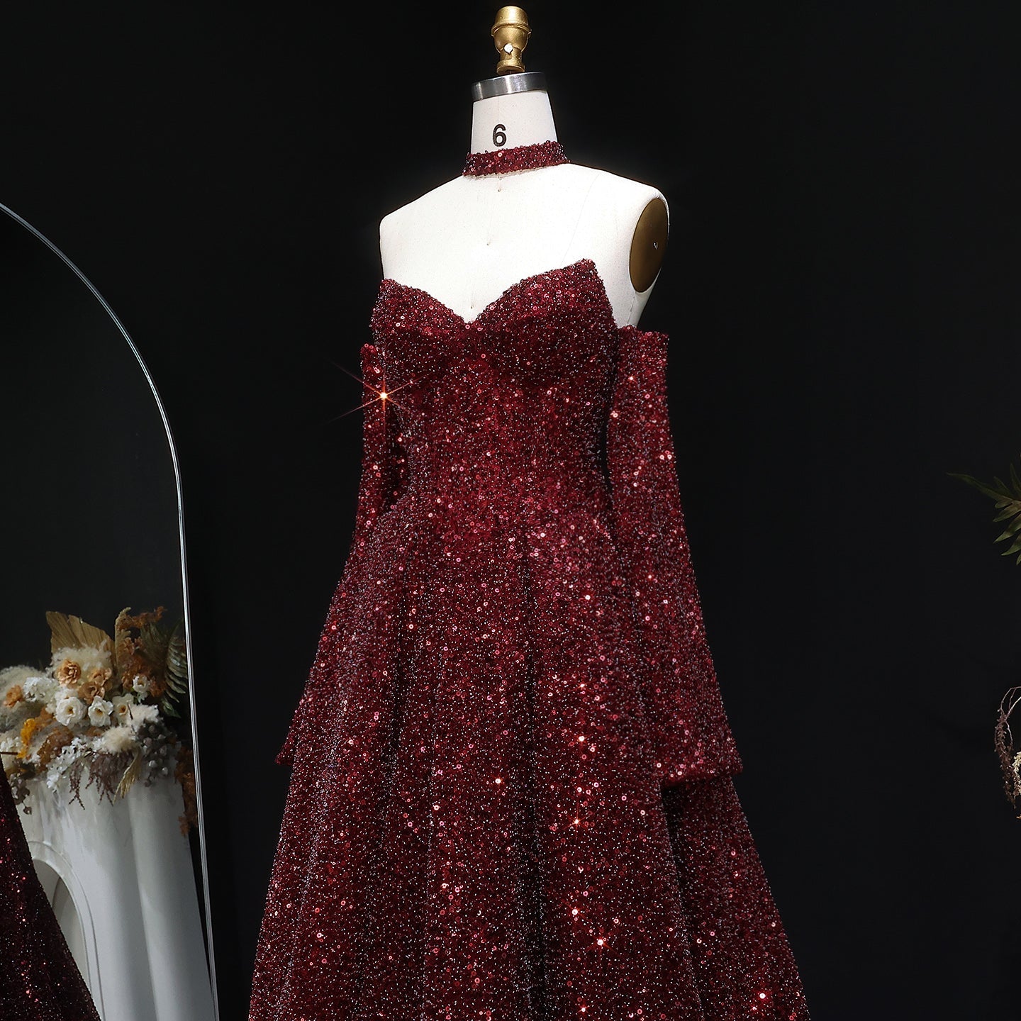 Stunning Burgundy Strapless Sequin Evening Dress with Gloves SF437
