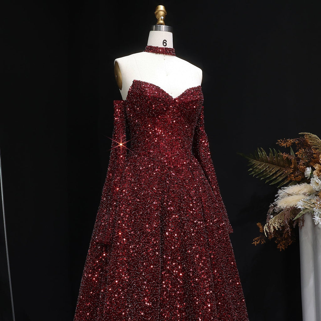 Stunning Burgundy Strapless Sequin Evening Dress with Gloves SF437