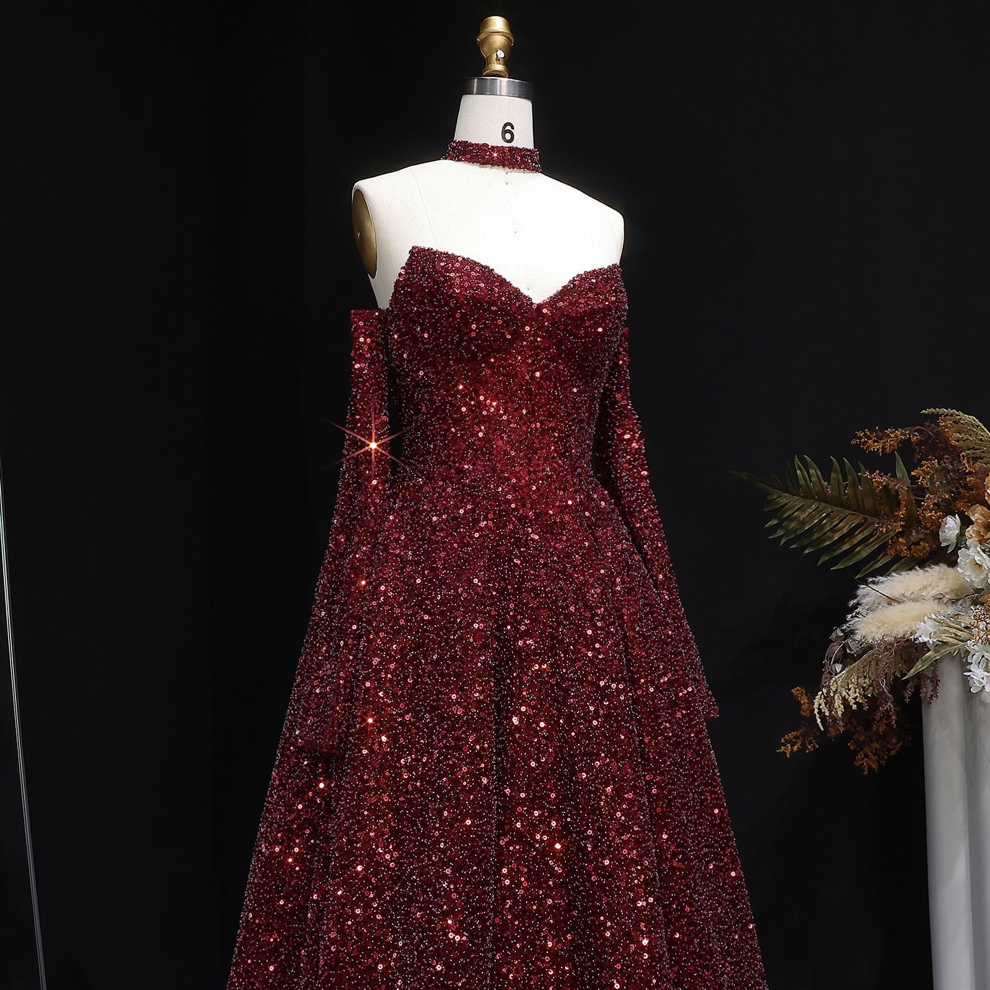 Stunning Burgundy Strapless Sequin Evening Dress with Gloves SF437