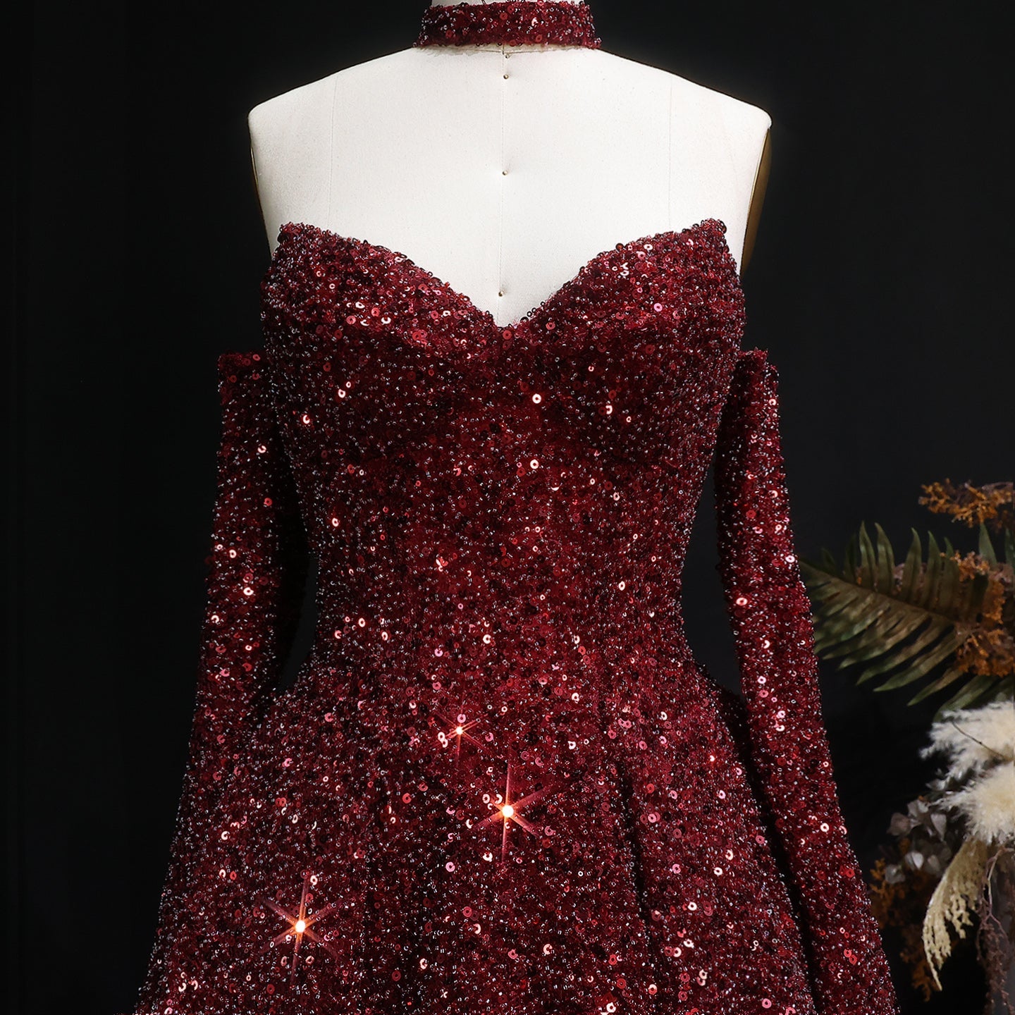 Stunning Burgundy Strapless Sequin Evening Dress with Gloves SF437