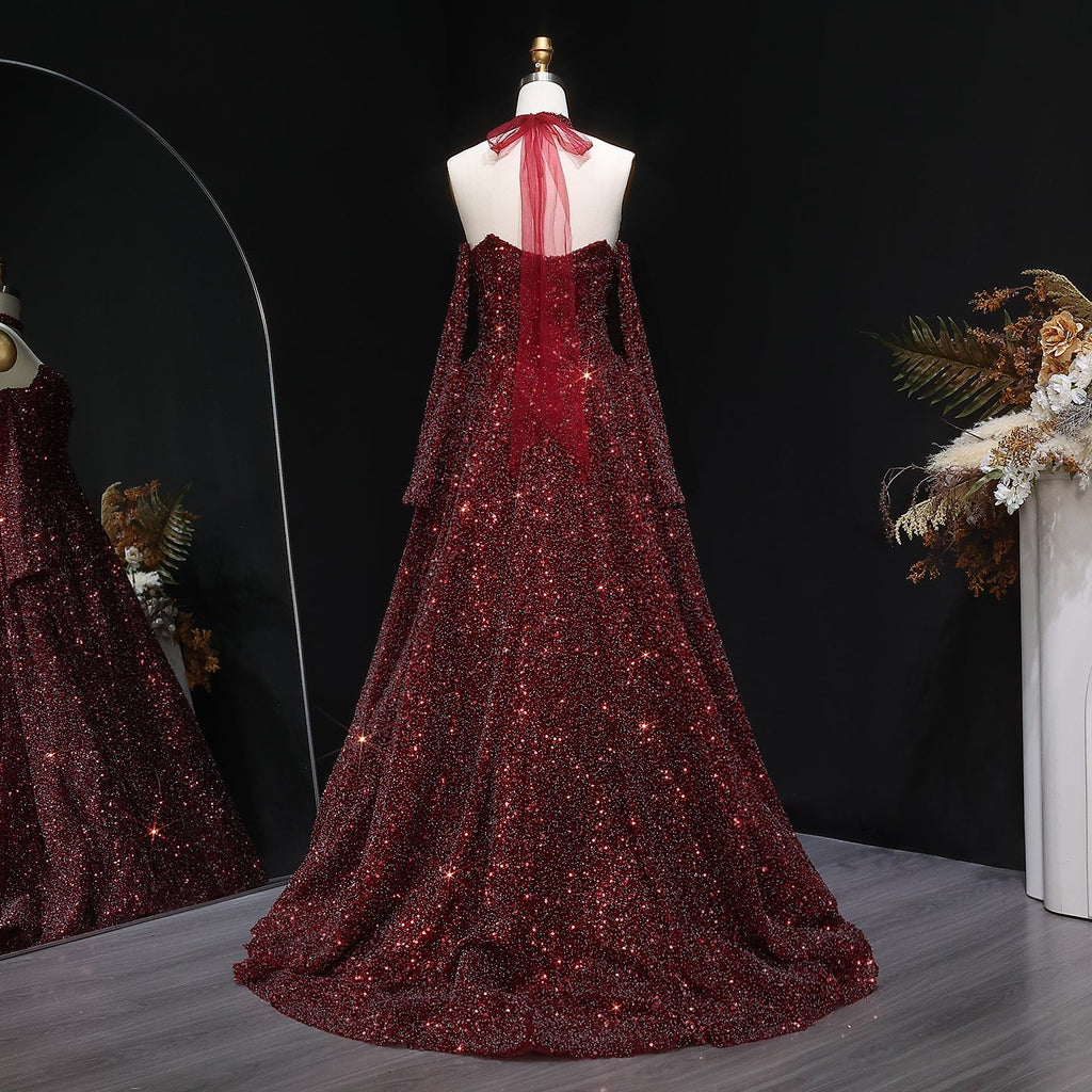 Stunning Burgundy Strapless Sequin Evening Dress with Gloves SF437